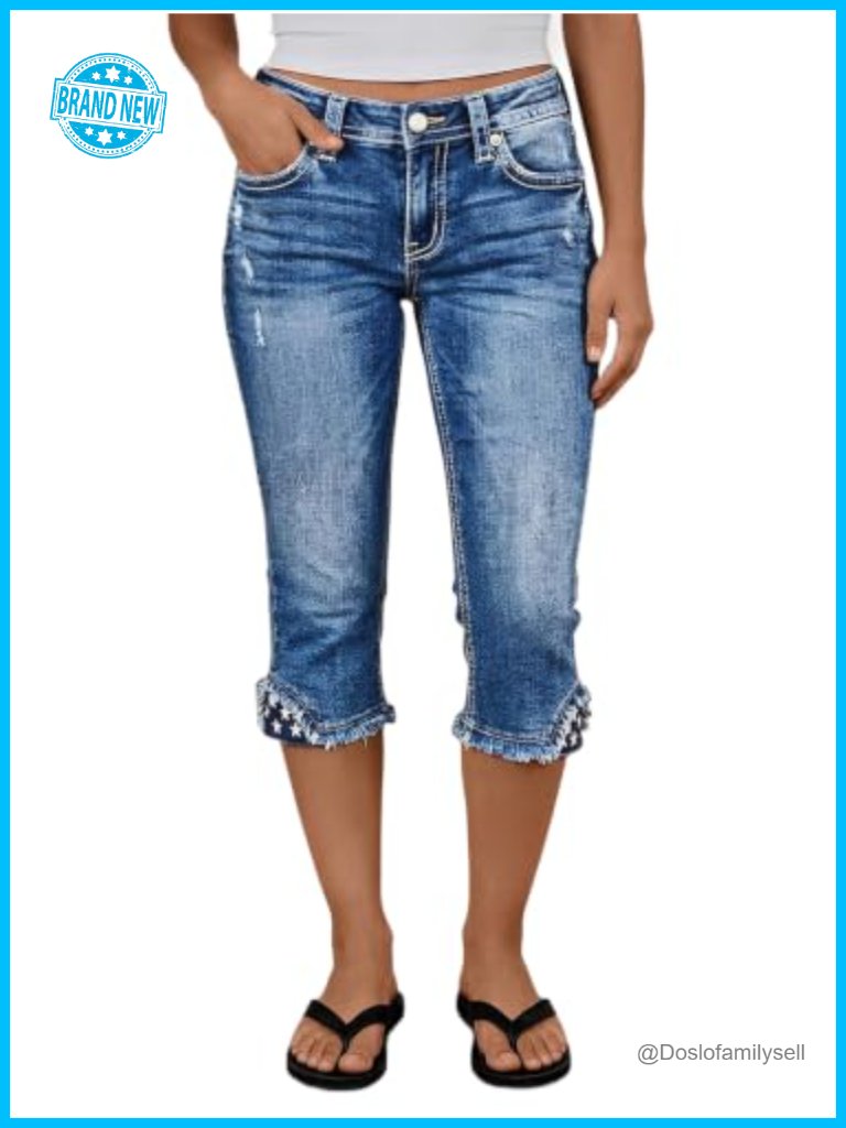 Mid Waist Skinny Capri Jeans With Embroidery Raw Hem